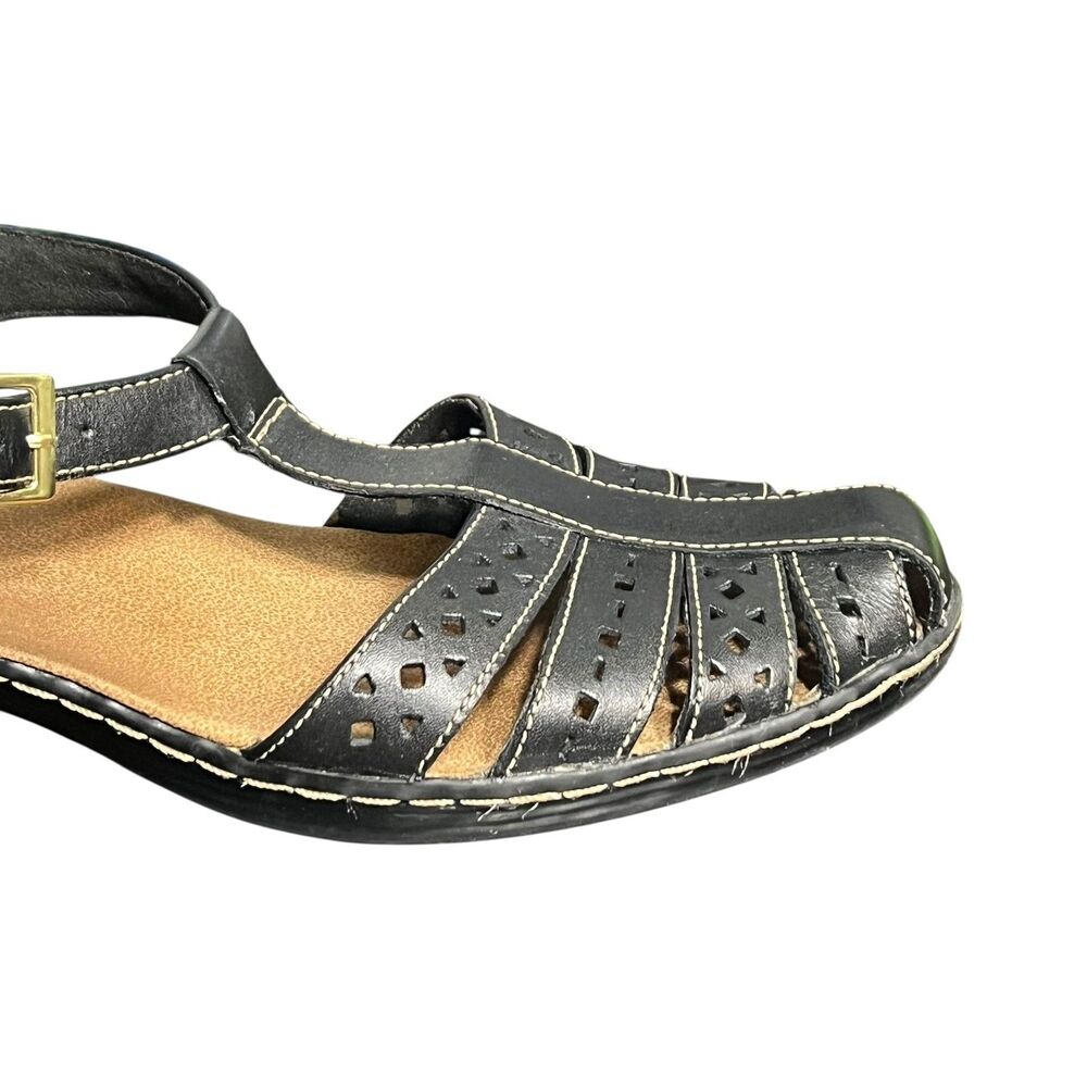 Clarks Sandals Womens Size 9 Black Leather T-Strap Slingback Low Wedge 26095E108 - Picture 12 of 14